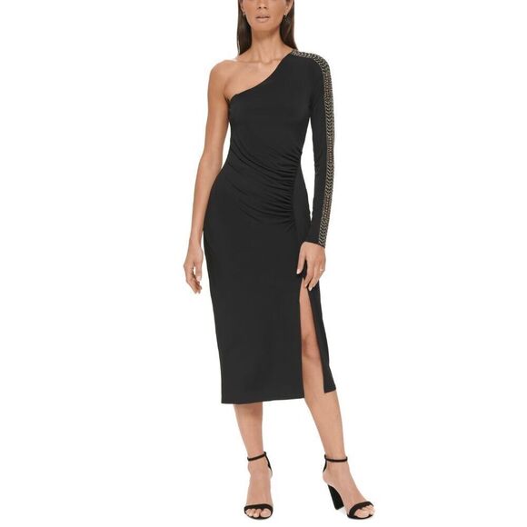 Guess Women's One-Should Embellished-Sleeve Midi Dress - Black Gold 12 - Picture 1 of 10